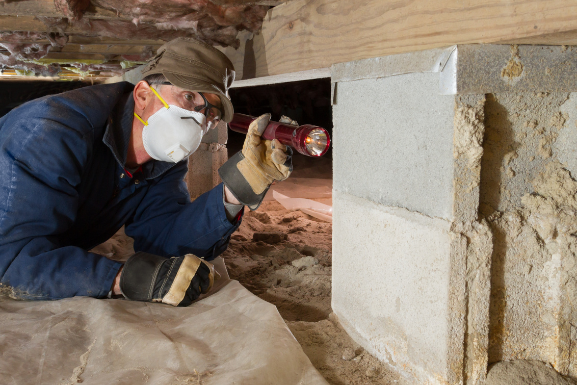 Home inspector looks for termites in residential home's crawl space